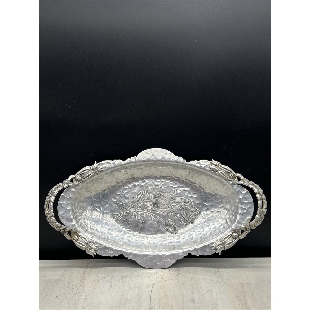 VTG Hand Wrought Hammered Aluminum Oval Serving Tray by Rodney Kent #404 Handles